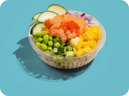 Healthy poke snack bowl with fresh salmon, edamame, mango, and cucumber, perfect for light appetites at Union Square.
