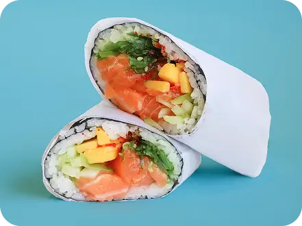 Poke burrito with salmon, rice, mango, and cucumber wrapped in seaweed at Poke Bowl NY Times Square location.