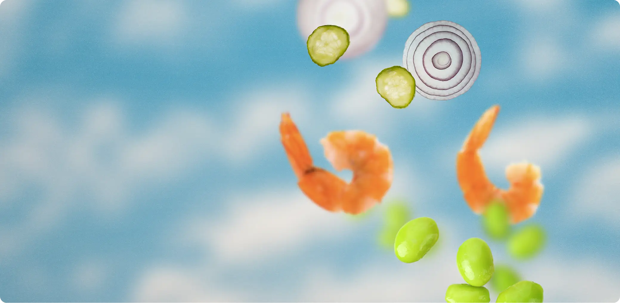 Shrimp, edamame, cucumbers, and onion slices floating in a sky background.