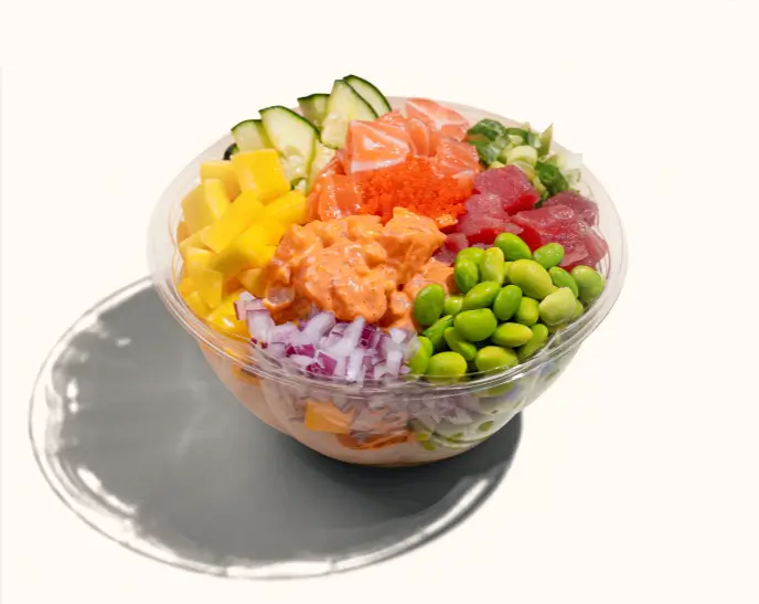 Customizable poke bowl with salmon, tuna, mango, edamame, cucumber, and onions at Poke Bowl NY.