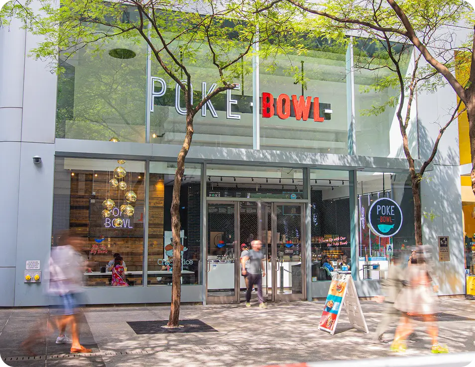 Front view of a Poke Bowl NY location, ideal for franchise opportunities in healthy fast-casual dining.