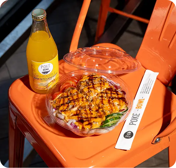 Delicious poke bowl and pineapple drink at Poke Bowl NYC, FiDi.