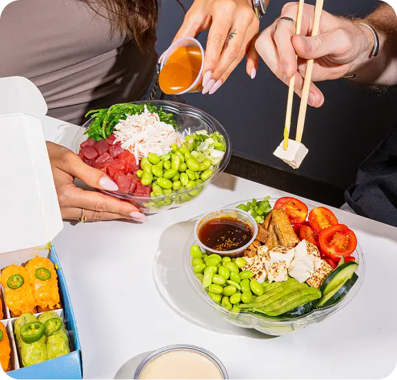 Vegan poke bowls with edamame, tofu, tomato, avocado, in NYC's Financial District with fresh ingredients daily.