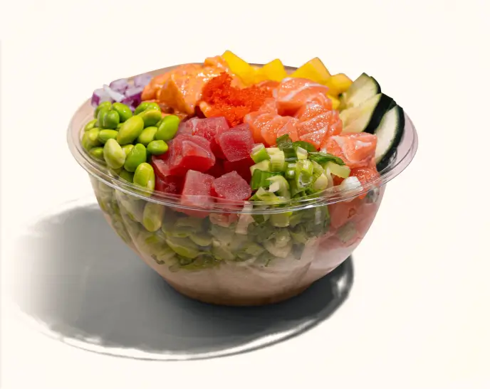 Customizable poke bowl with salmon, tuna, edamame, cucumber, and green onions at Poke Bowl NY.